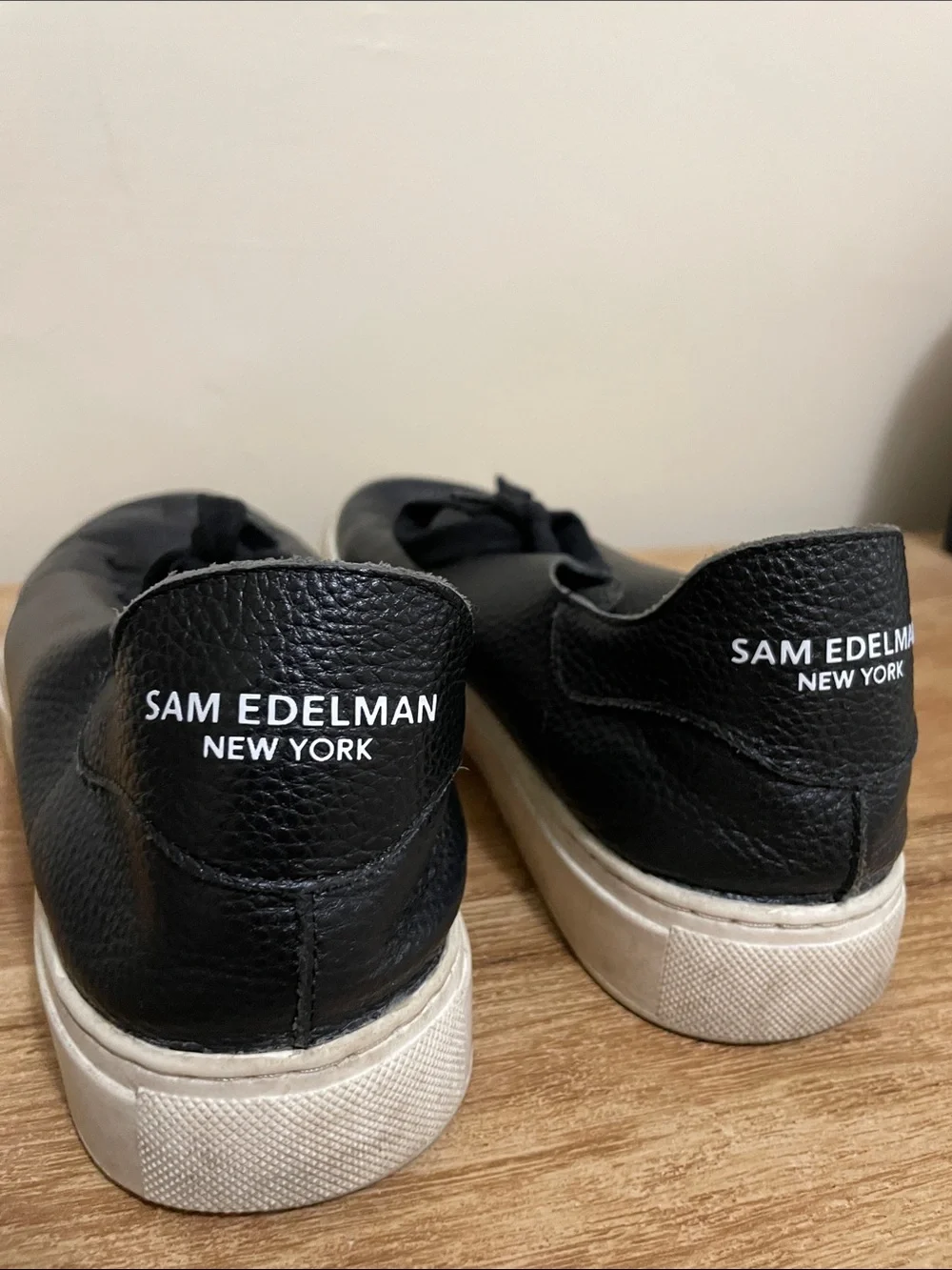 Sam Edelman Black Leather Slip-On Lace Sneakers with White Soles - Picture 3 of 4